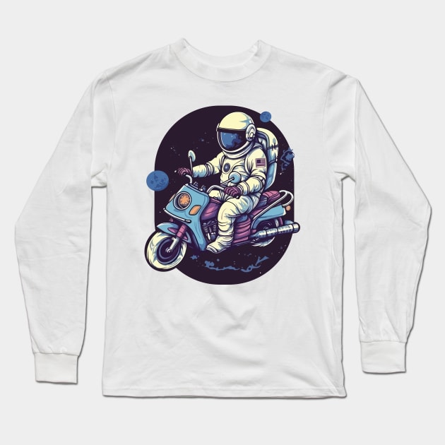 Astronaut Riding A Motorbike In Space Long Sleeve T-Shirt by ORENOB